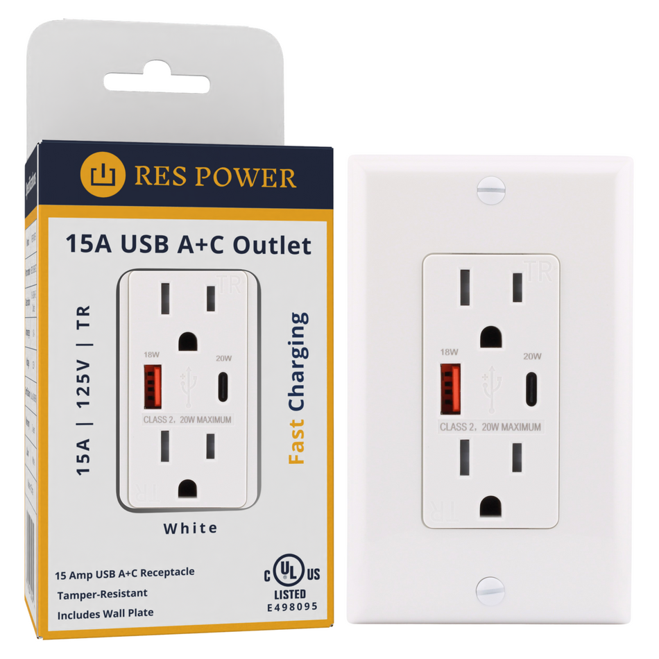 RES POWER 15A USB Outlet, Type A/C, Tamper-Resistant, RES15USBACFC, White