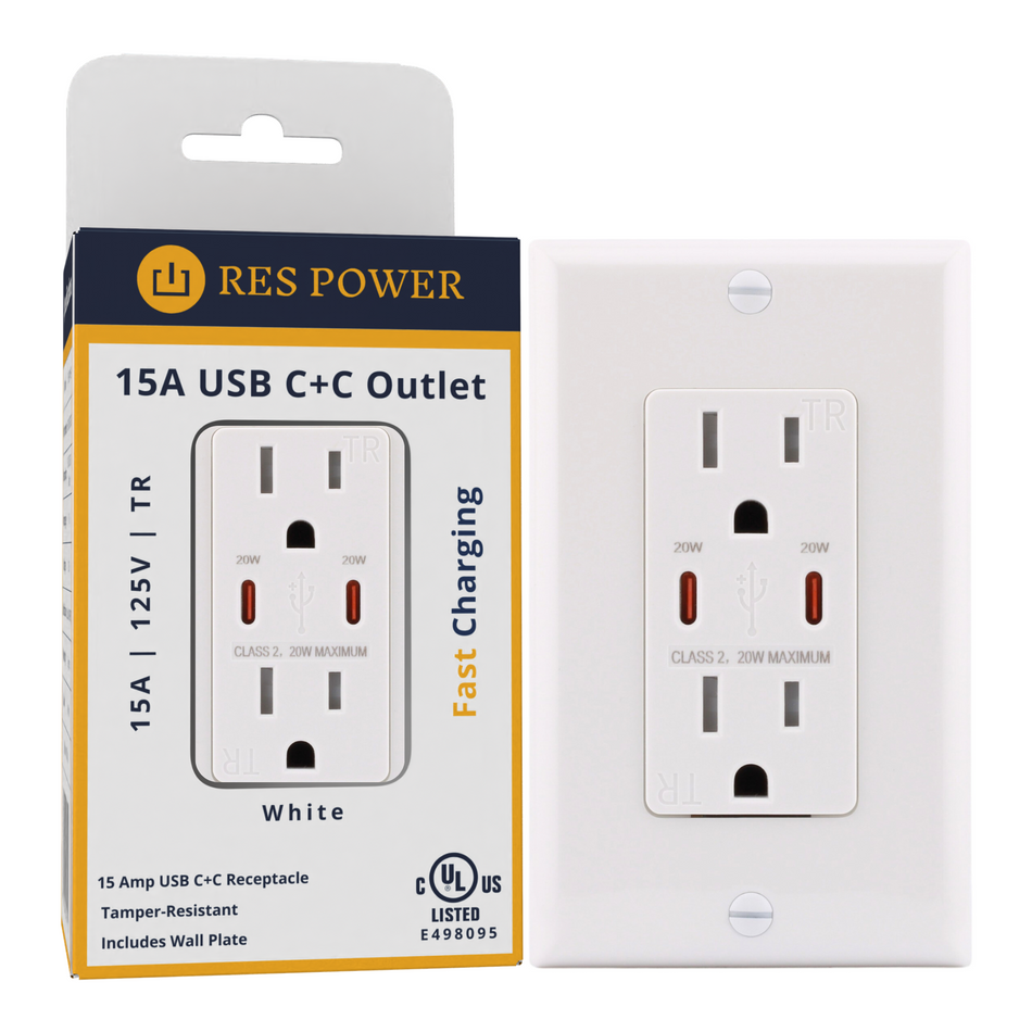 RES POWER 15A USB Outlet, Type C/C, Tamper-Resistant, RES15USBCCFC, White