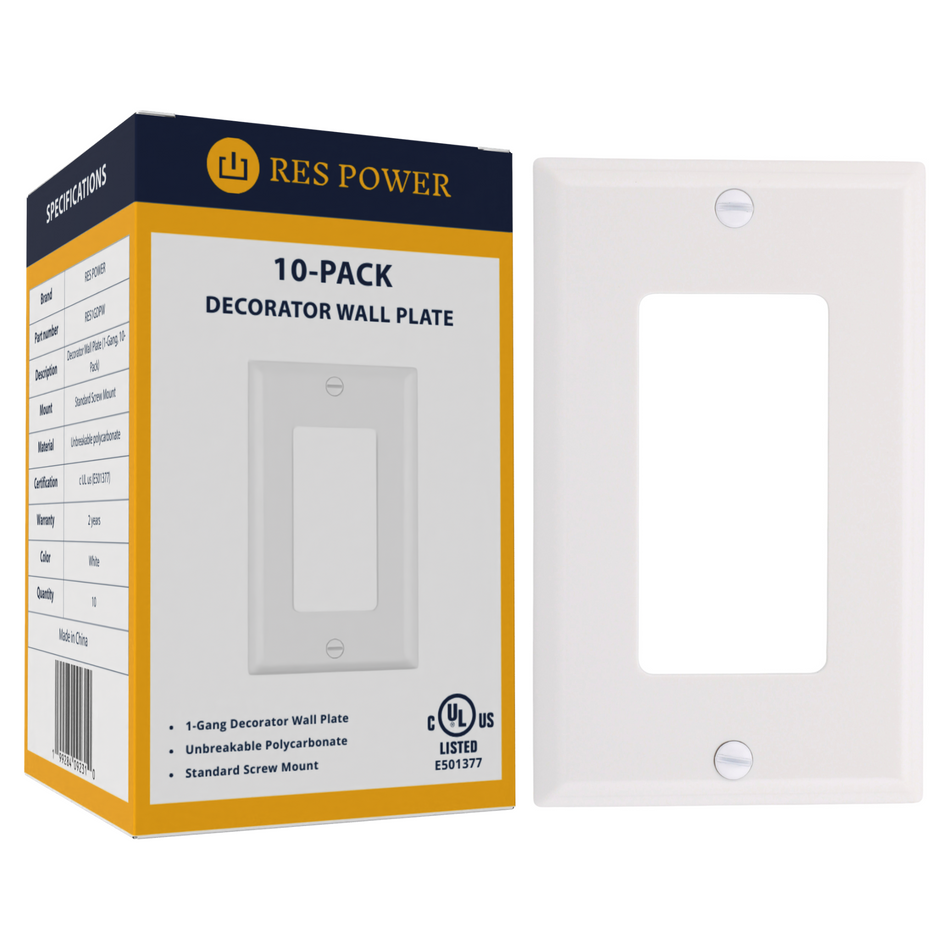 RES POWER Decorative Single Gang Wall Plate Unbreakable Polycarbonate White