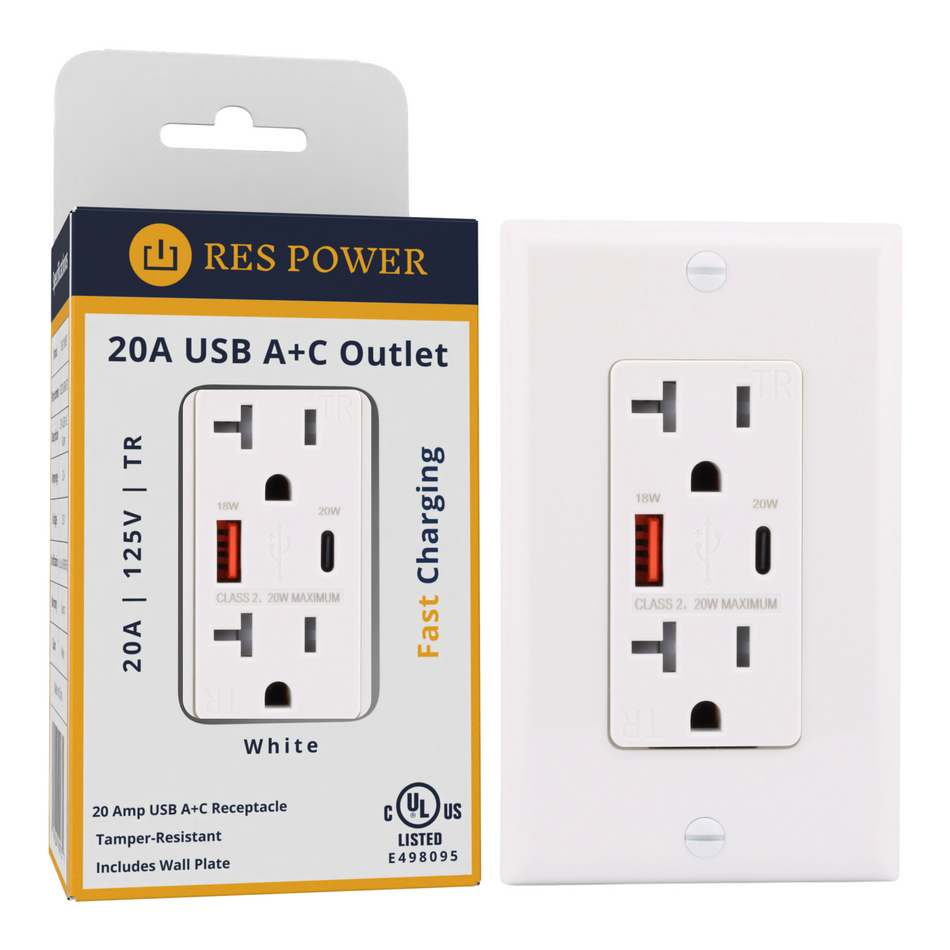 RES POWER 20A USB Outlet, Type A/C, Tamper-Resistant, RES20USBACFC, White