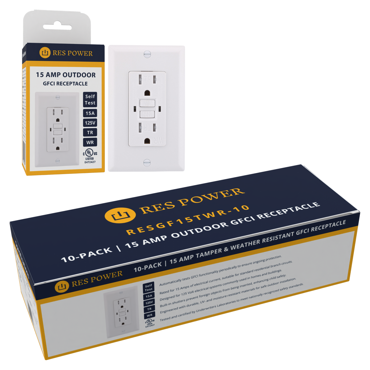 15Amp GFCI Outlet With LED Indicator - Tamper & Weather Resistant, White Wall Receptacle