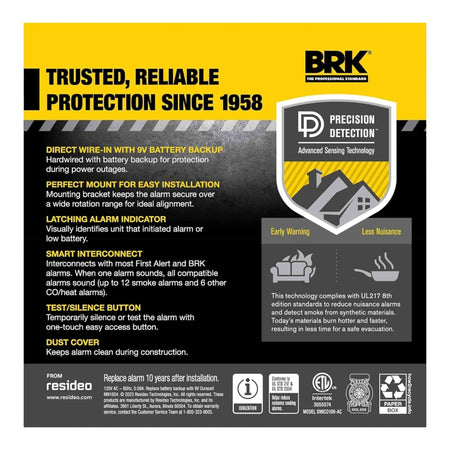 BRK SMICO100-AC 6-PACK 120V AC/DC Hardwired Smoke and Carbon Monoxide Alarm with Battery Backup