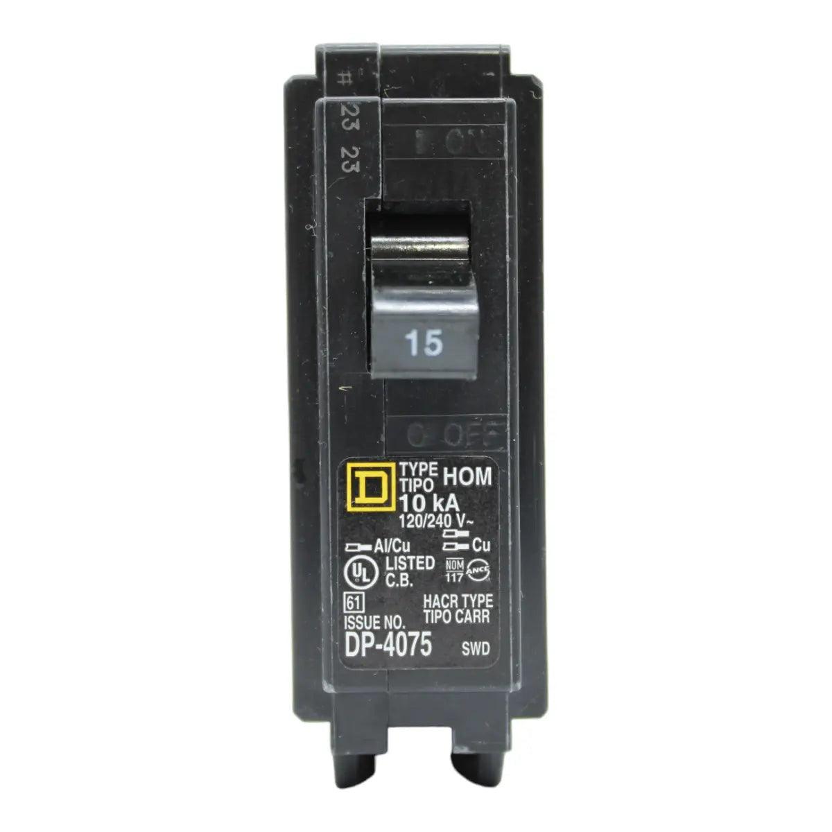 Square D HOM115 Circuit Breaker 15 Amps 120 Volts 1 Pole Plug in UL Listed