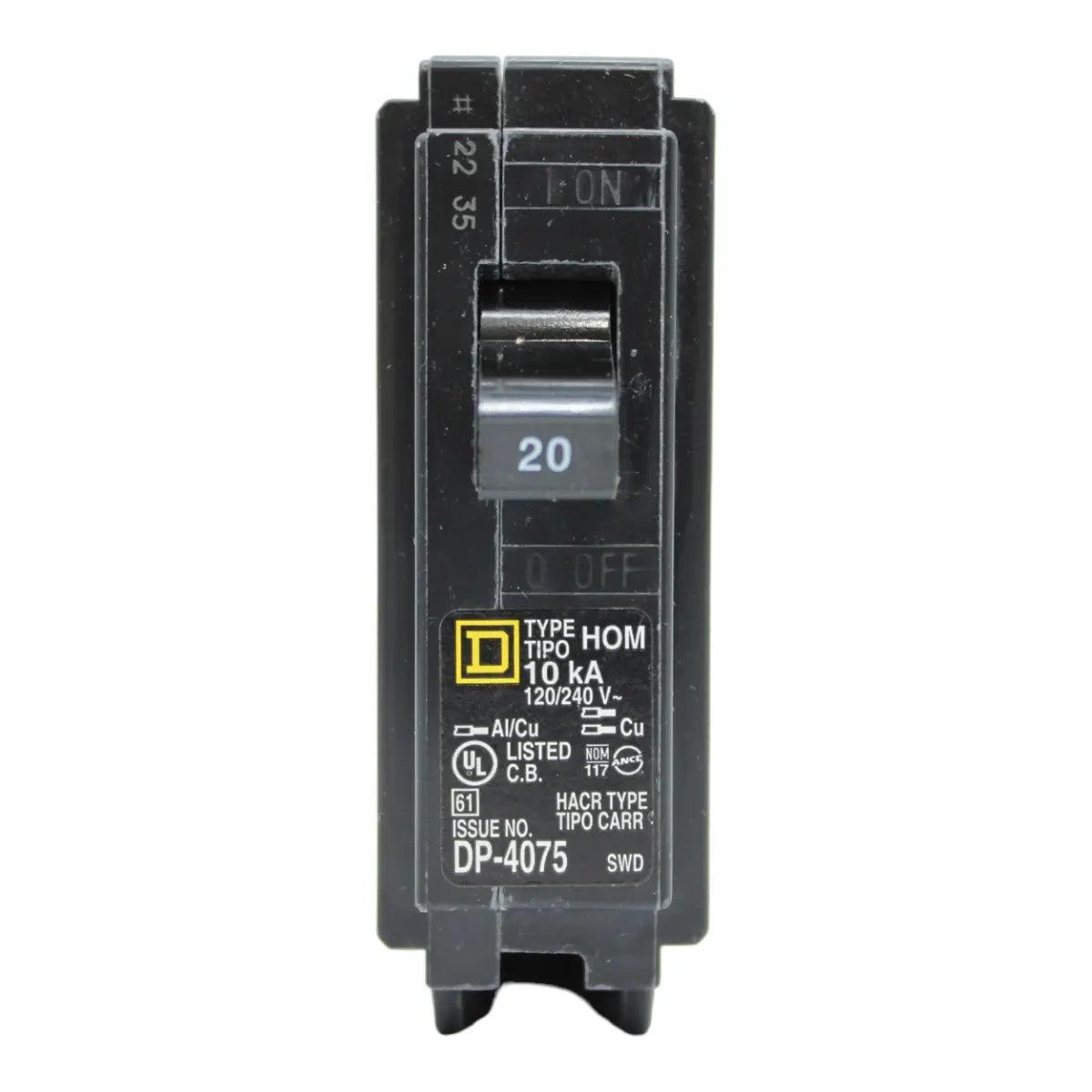 Square D HOM120 Circuit Breaker 20 Amps 120 Volts 1 Pole Plug in UL Listed